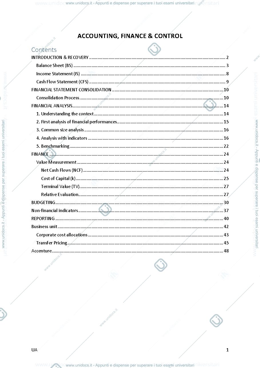 Anteprima pagina 1 — Appunti in inglese di Accounting, Finance and Control. Prof.ssa Michela Arnaboldi