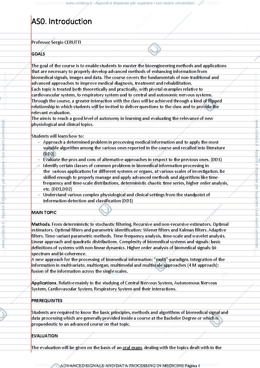 Anteprima pagina 1 — Appunti Completi Advance Signal and Data Processing in medicine