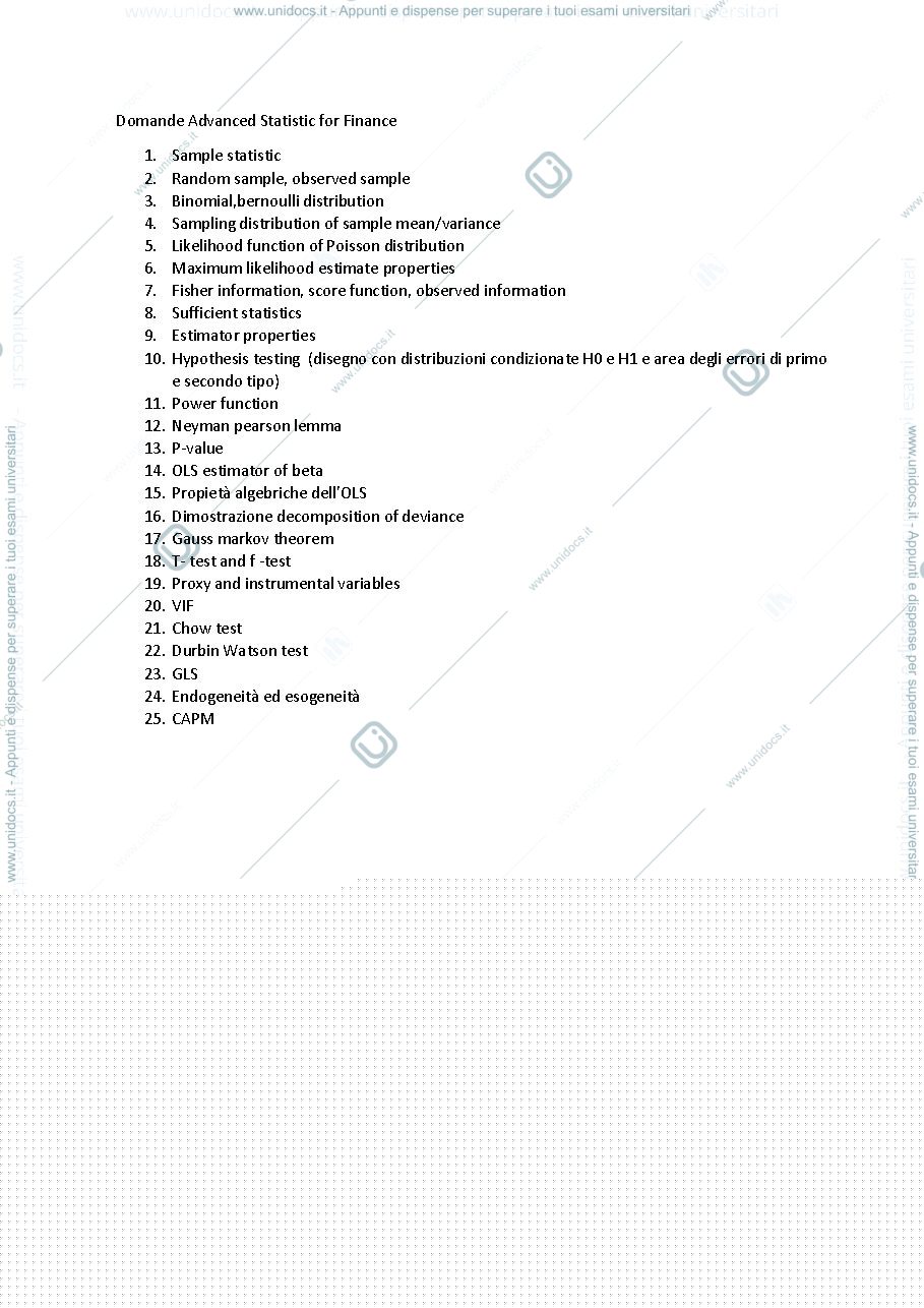 Anteprima pagina 1 — DOMANDE FREQUENTI ADVANCED STATISTIC FOR FINANCE