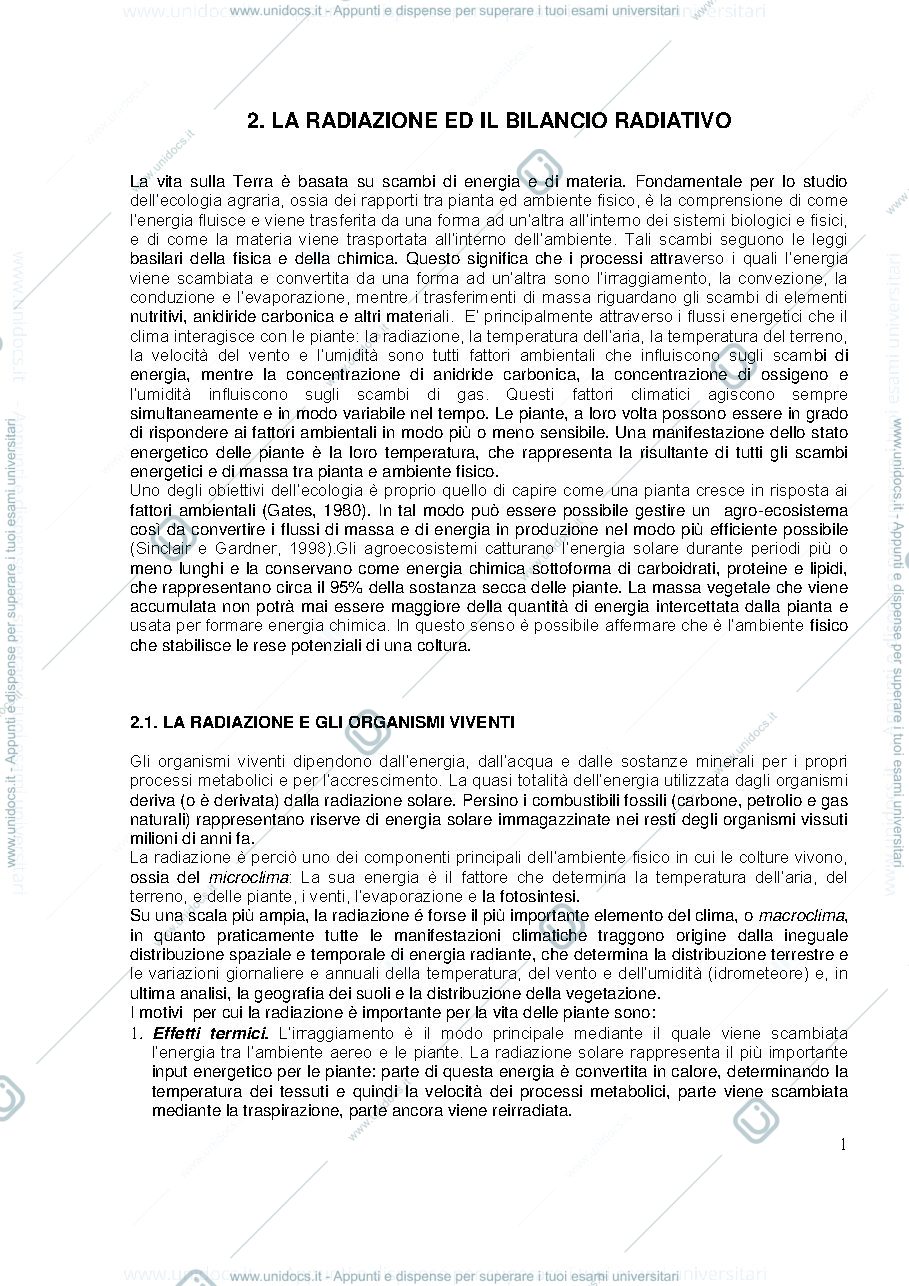Anteprima pagina 1 — Radiazione e bilancio energetico