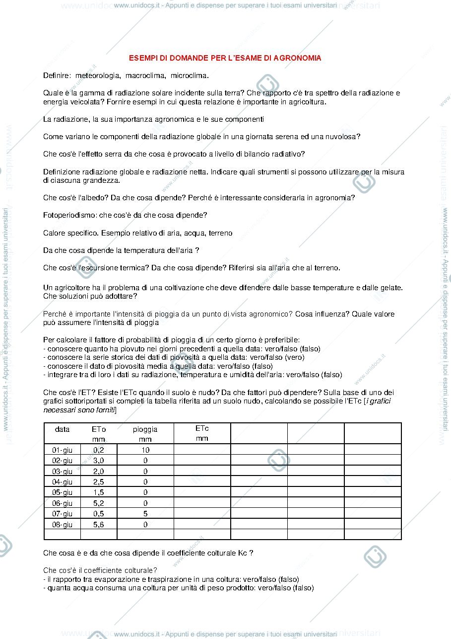 Anteprima pagina 1 — Domande d’esame relative al corso di agronomia