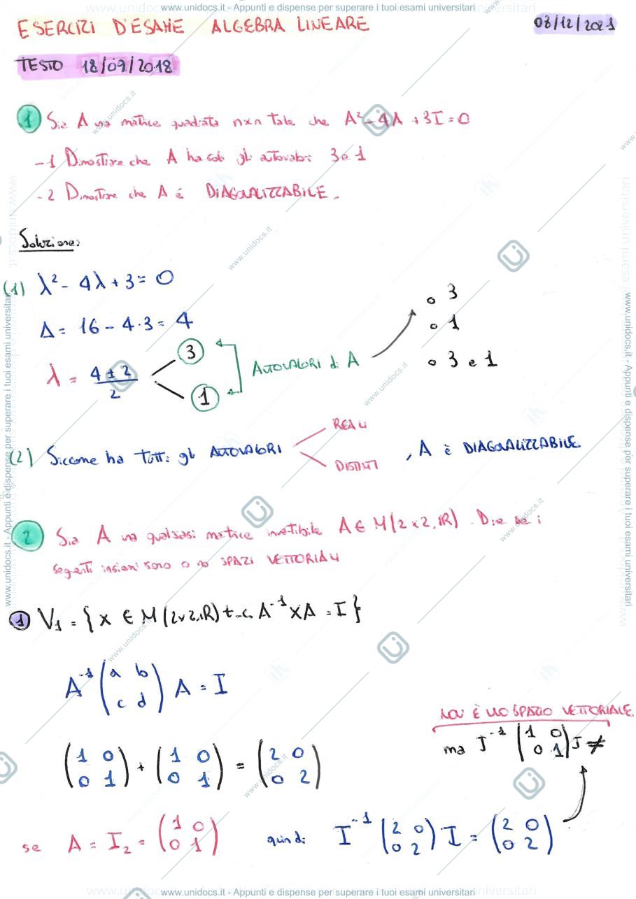 Anteprima pagina 1 — Compiti d’esame svolti di  Algebra lineare Acquistapace