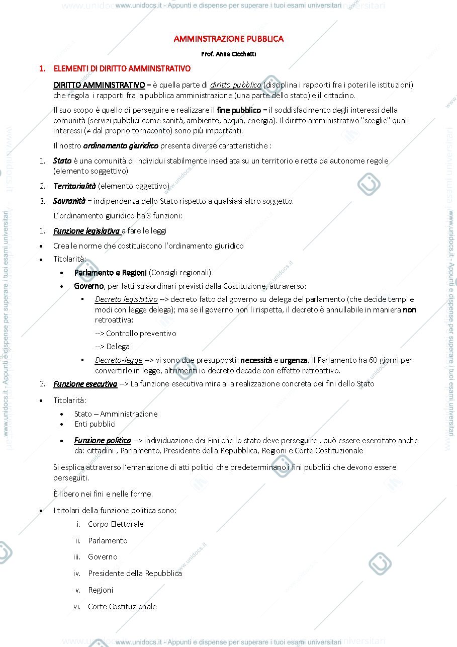 Anteprima pagina 1 — Appunti Amministrazione Pubblica