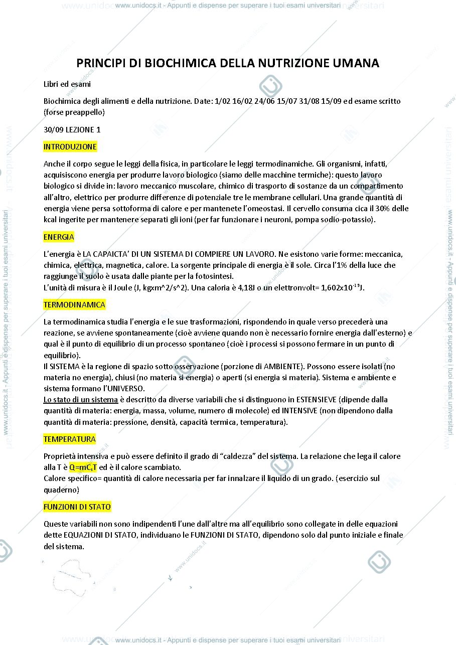 Anteprima pagina 1 — Appunti lezioni 1-2-3 BIOCHIMICA DELLA NUTRIZIONE