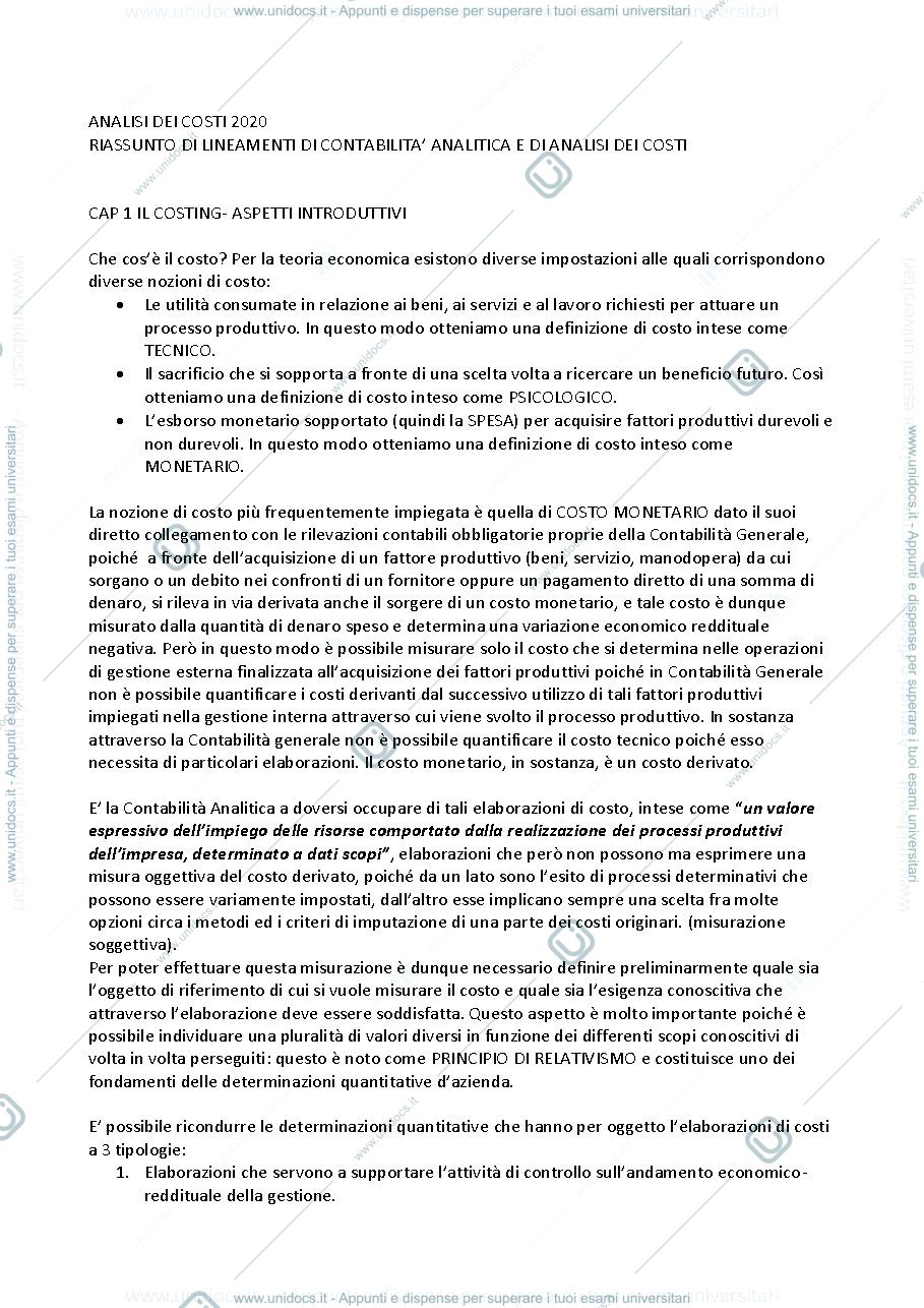 Anteprima pagina 1 — Contabilità Analitica e Analisi dei Costi (riassunto libro)