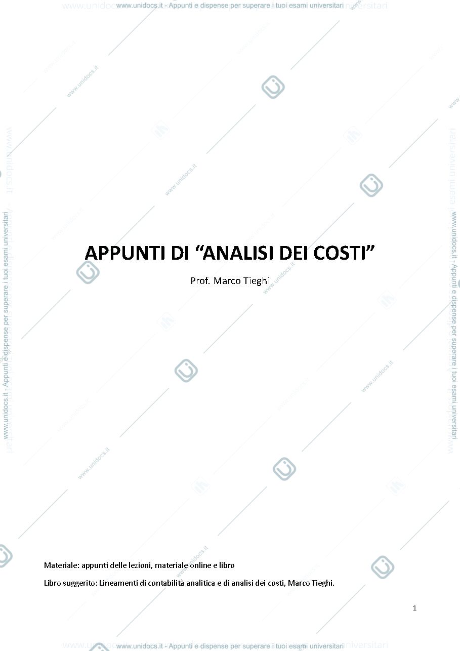 Anteprima pagina 1 — Appunti di Analisi dei costi