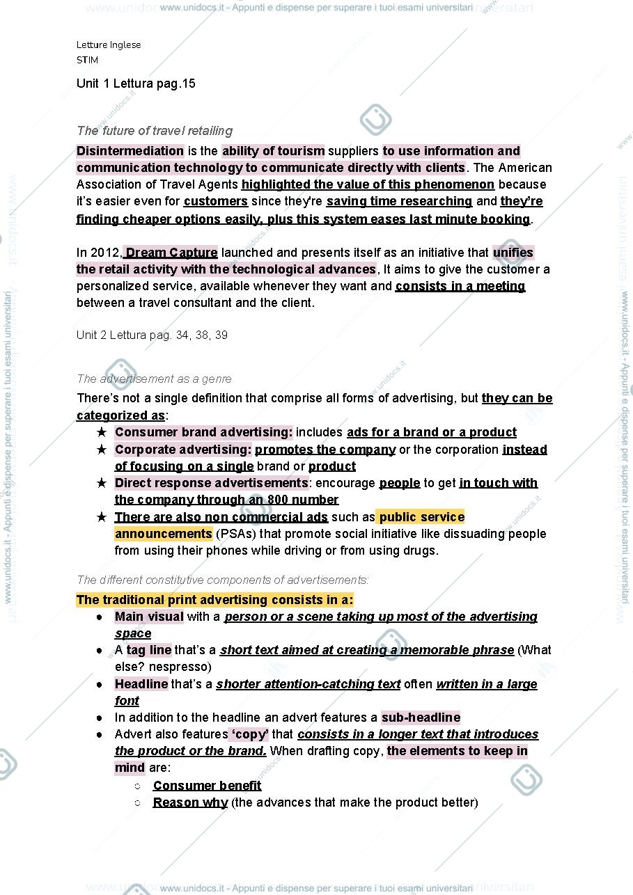Anteprima pagina 1 — Appunti Lingua Inglese Scienze del turismo ad indirizzo manageriale 