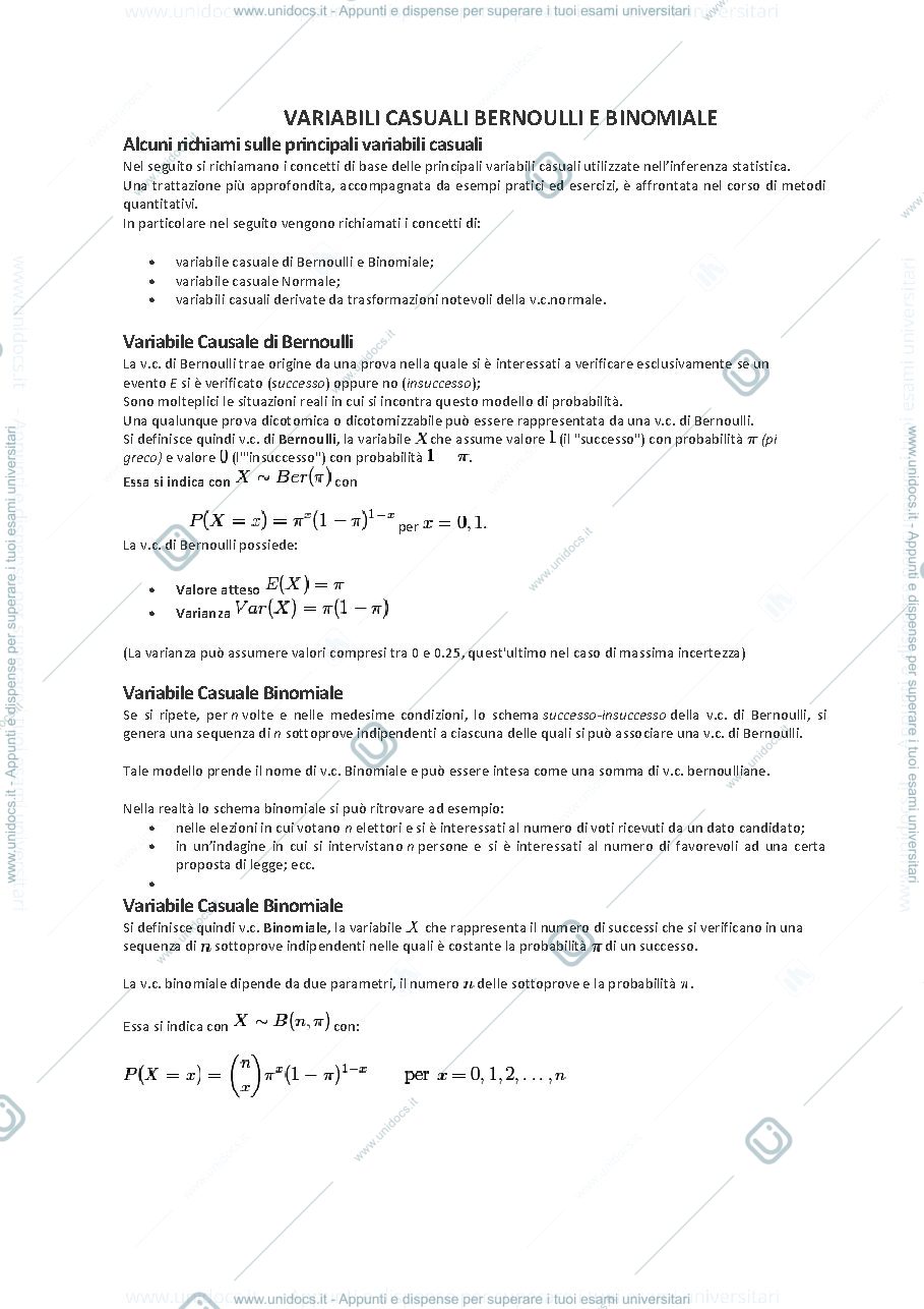 Anteprima pagina 1 — VARIABILE CASUALE BINOMIALE E BERNOULLI