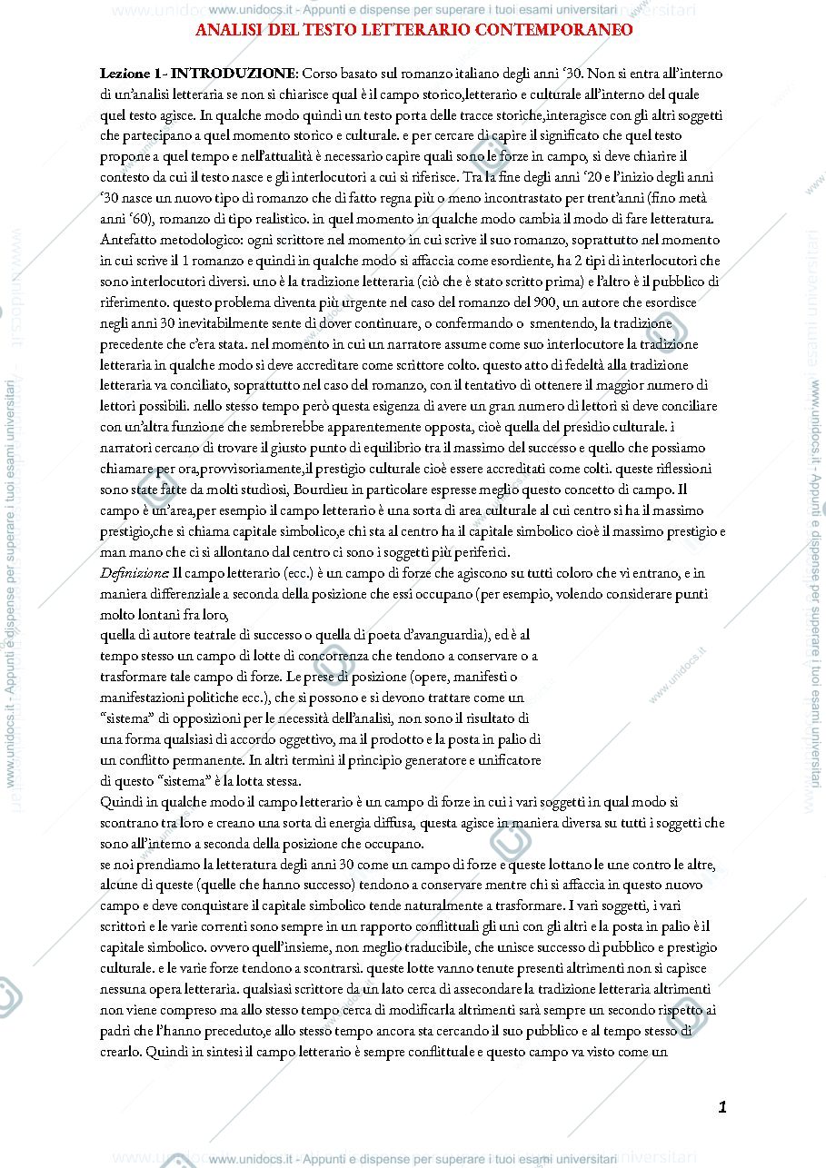 Anteprima pagina 1 — APPUNTI LEZIONI ANALISI DEL TESTO LETTERARIO CONTEMPORANEO