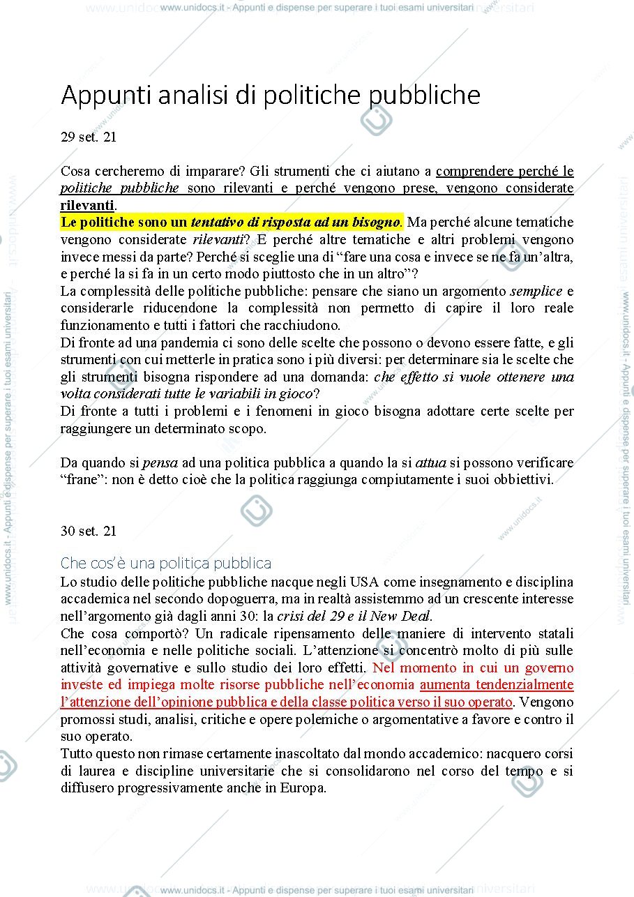 Anteprima pagina 1 — Appunti Analisi delle politiche pubbliche aa 2021/2022