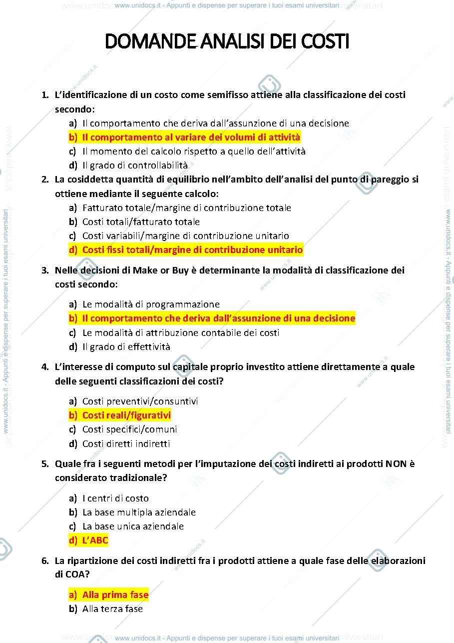 Anteprima pagina 1 — Domande Analisi dei costi