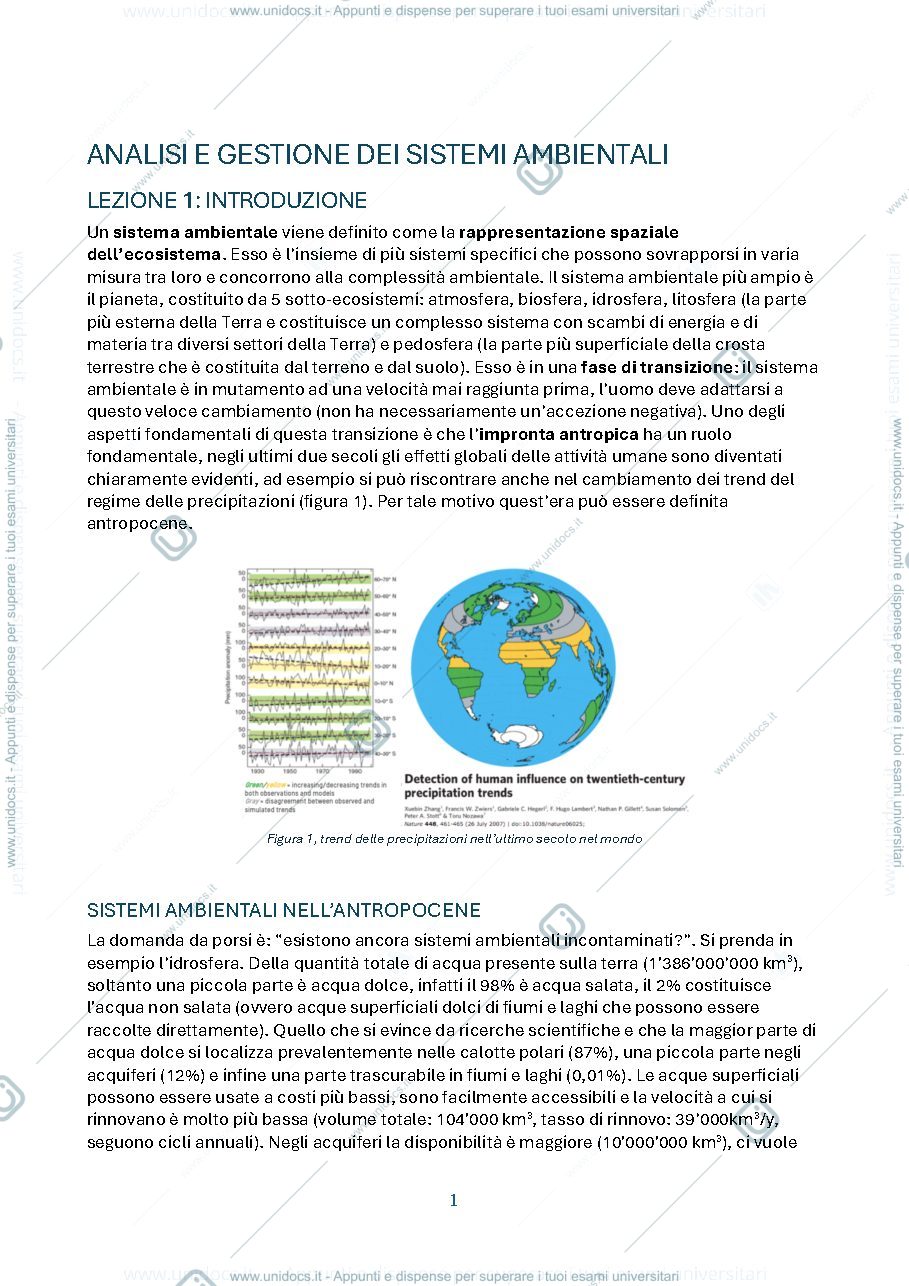 Anteprima pagina 1 — Analisi e gestione delle risorse naturali - dispensa