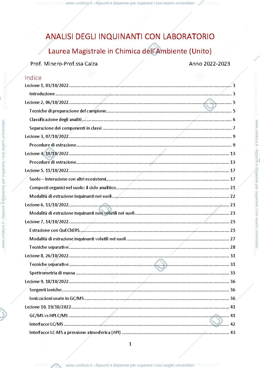 Anteprima pagina 1 — Appunti prima parte analisi degli inquinanti (Professoressa Calza)