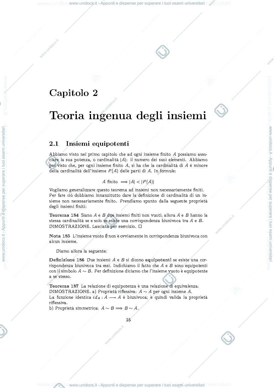 Anteprima pagina 1 — insiemi dimostrazione equipotenza, cardinalità, r e piano equipotenti, prof:Pata