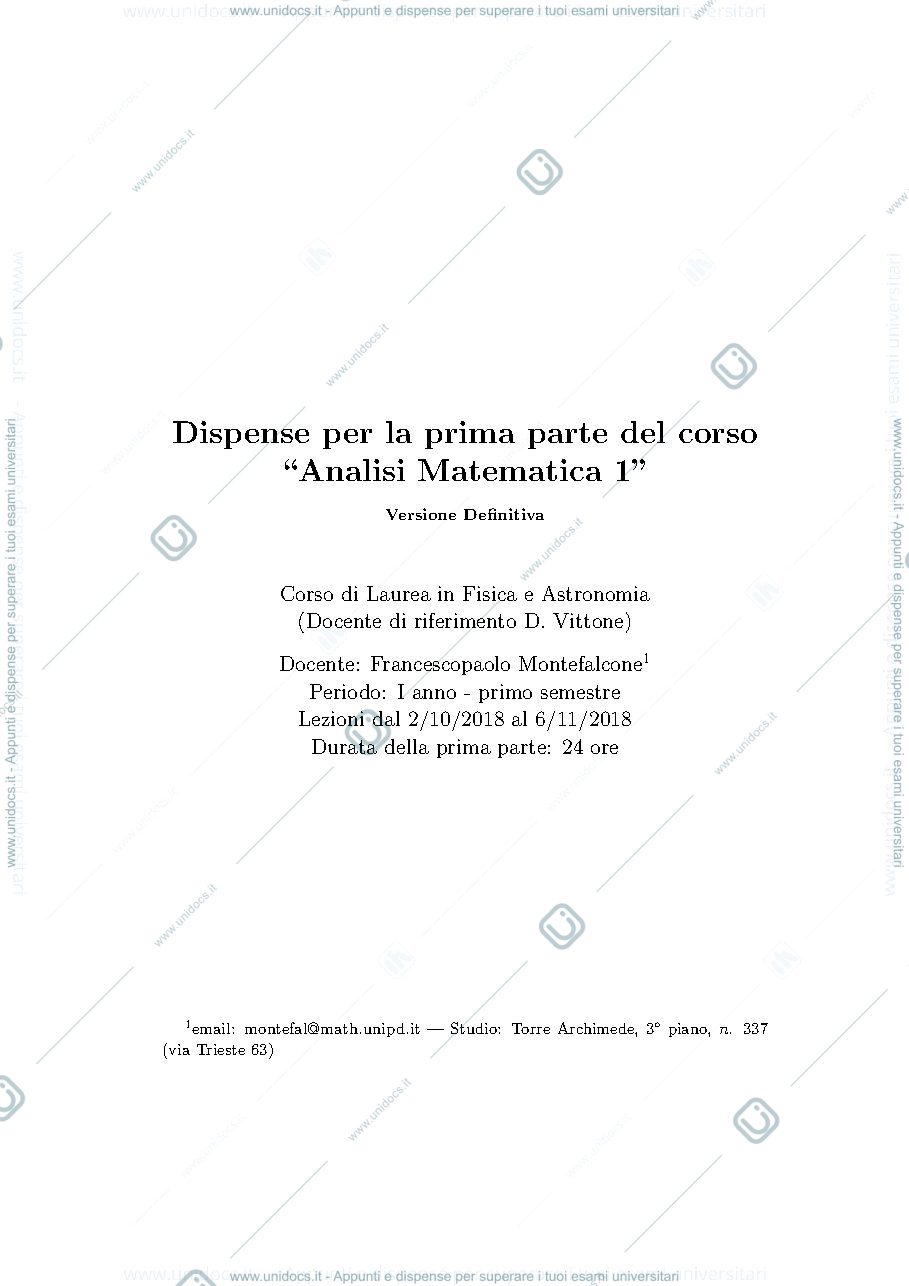 Anteprima pagina 1 — Dispense di di Analisi Matematica 1 - primo semestre