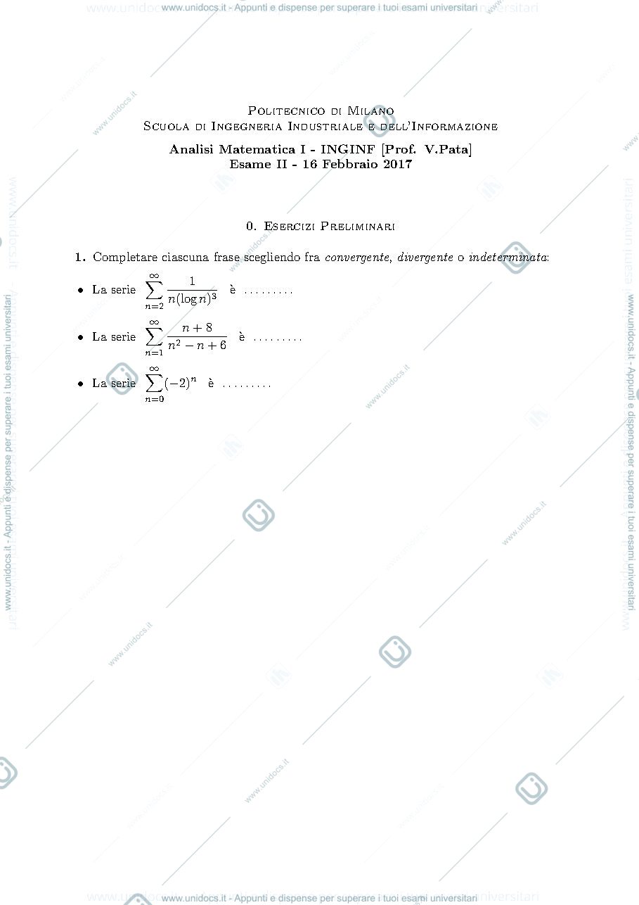 Anteprima pagina 1 — esercizi per corso Analisi 1 prof.Pata