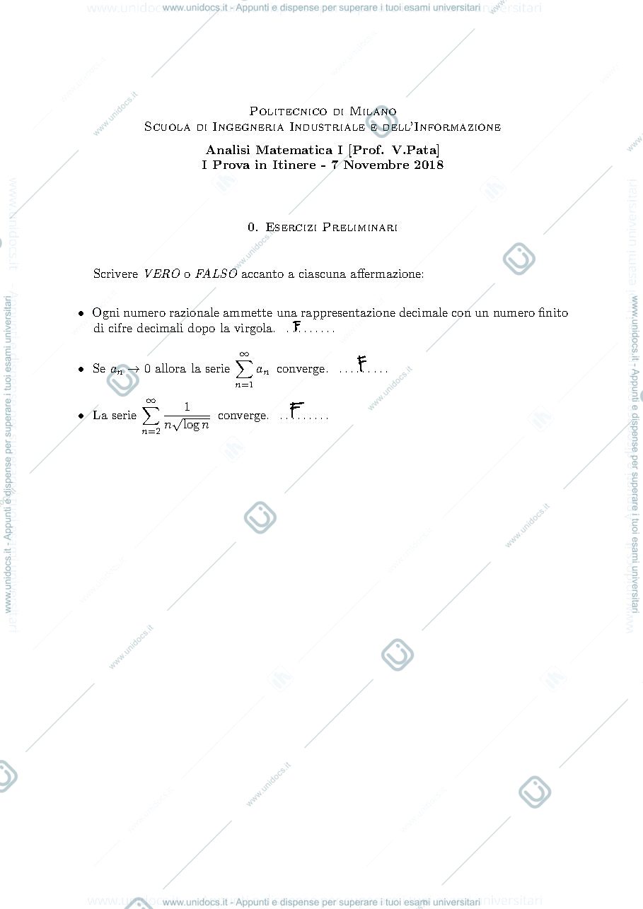 Anteprima pagina 1 — Prova itinere corso Analisi 1 prof.Pata