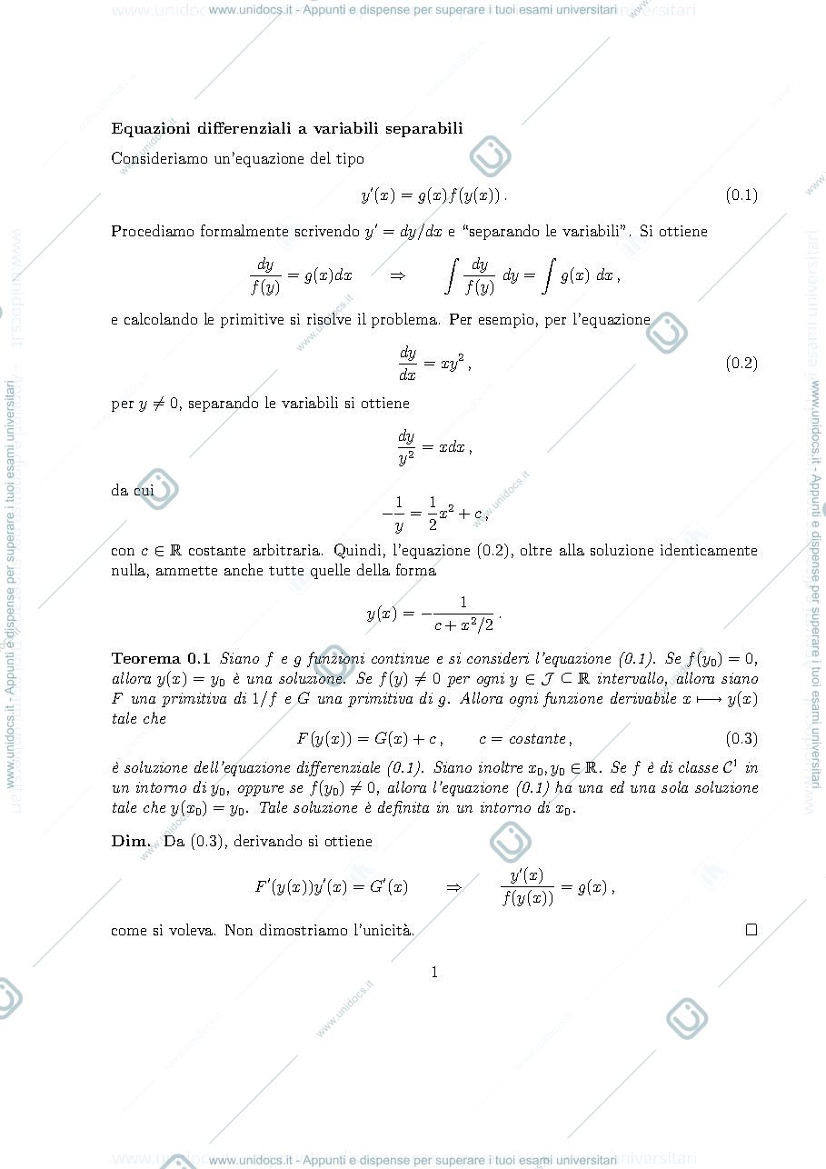 Anteprima pagina 1 — Equazioni differenziali a variabili separabili