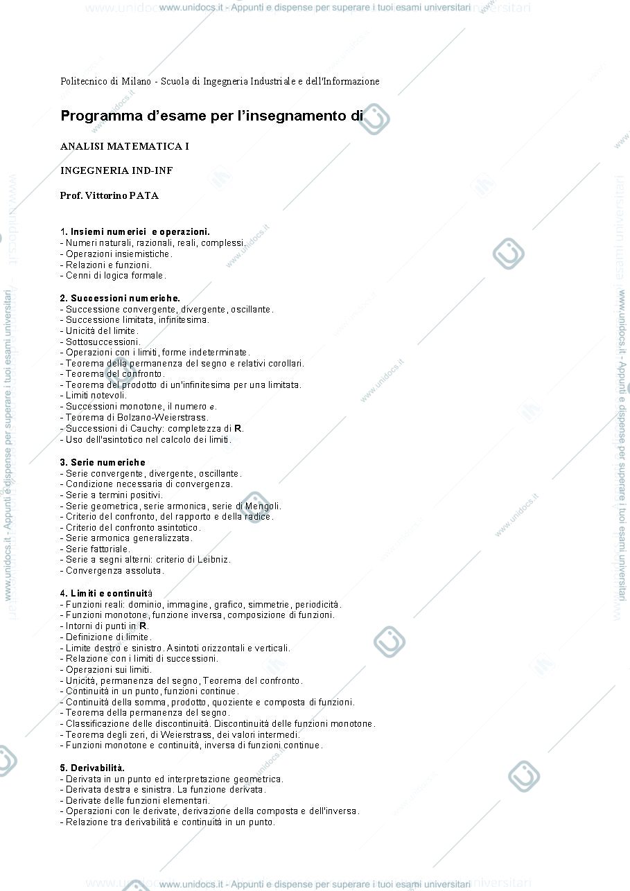 Anteprima pagina 1 — Programma del corso Analisi 1 prof.Pata