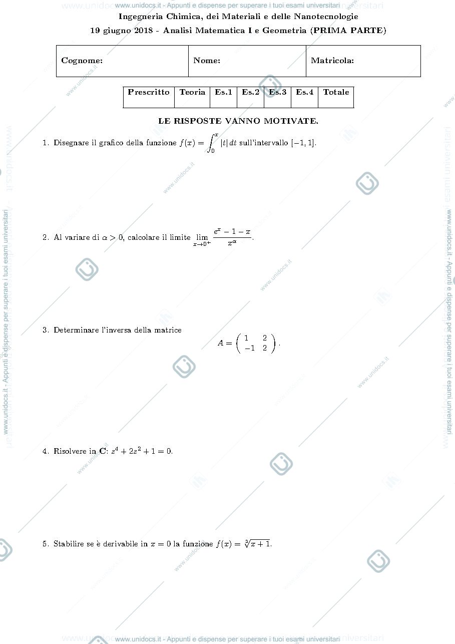 Anteprima pagina 1 — esercizi per corso Analisi 1 prof.Pata