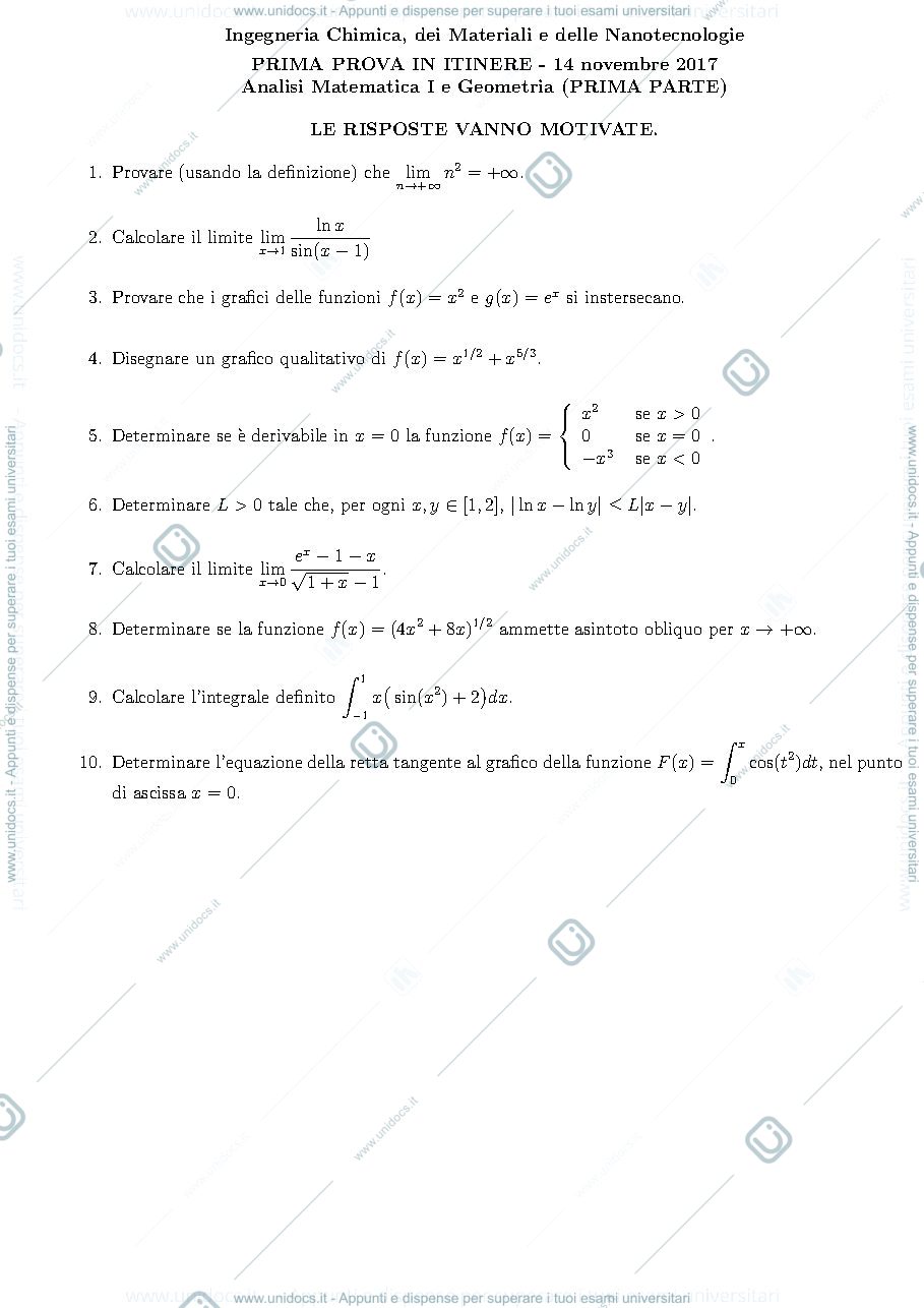 Anteprima pagina 1 — esercizi per corso Analisi 1 prof.Pata