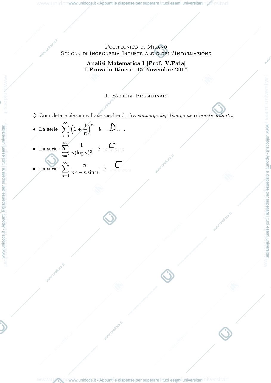 Anteprima pagina 1 — Prova itinere corso Analisi 1 prof.Pata