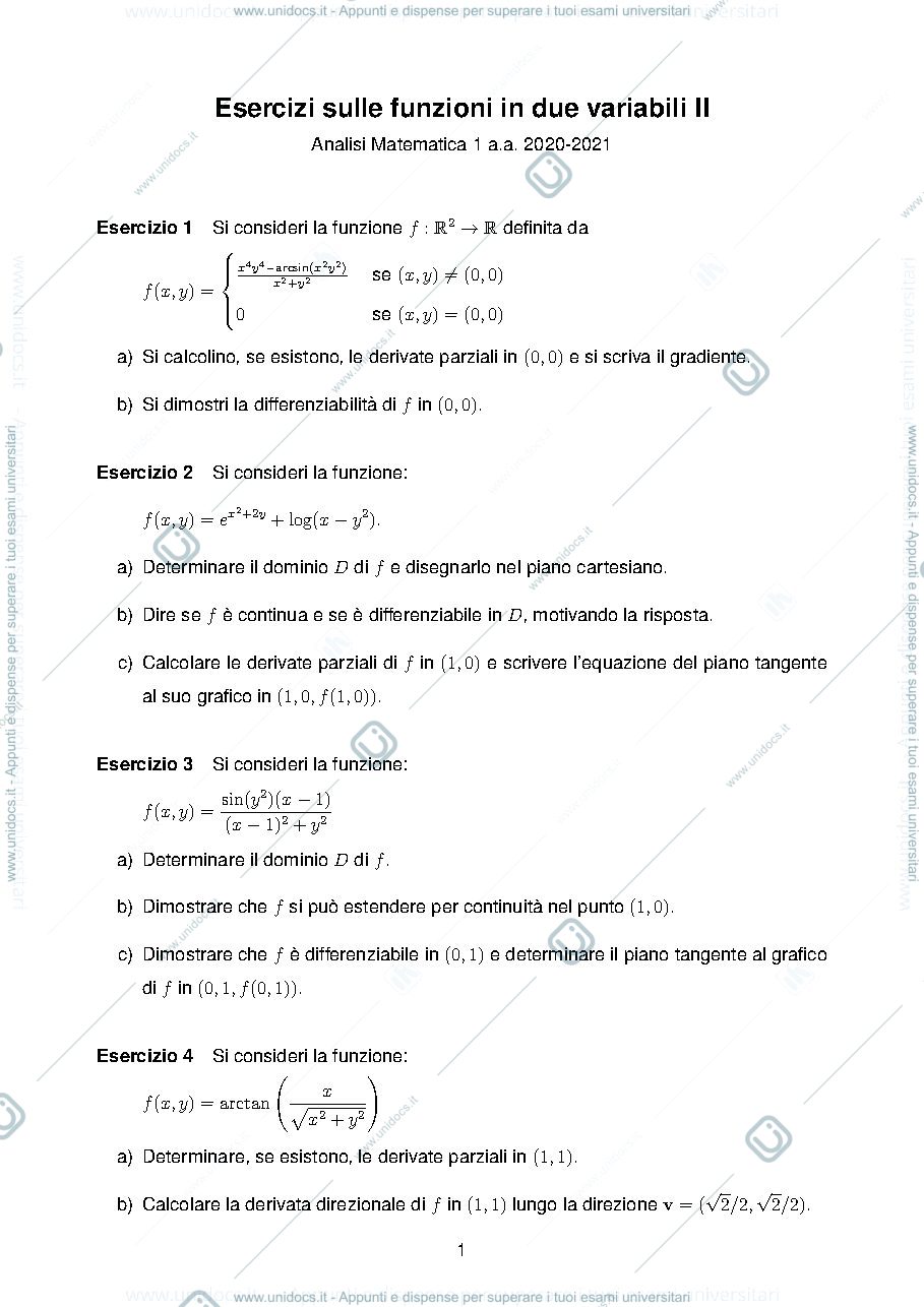 Anteprima pagina 1 — esercizi funzioni due variabili 2021