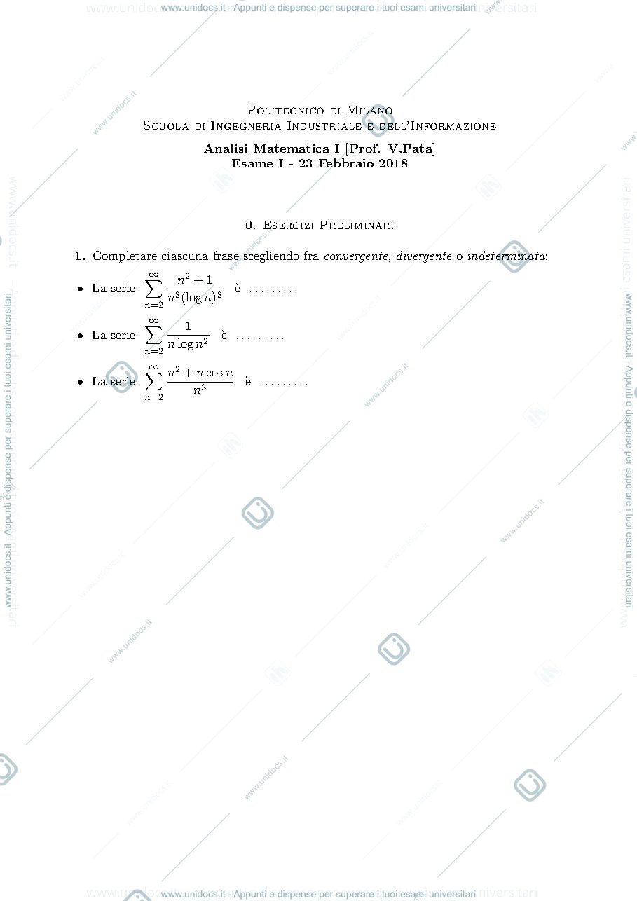 Anteprima pagina 1 — esercizi per corso Analisi 1 prof.Pata