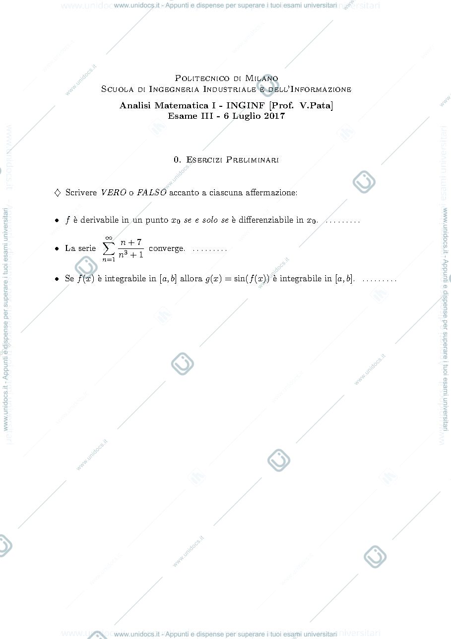 Anteprima pagina 1 — esercizi per corso Analisi 1 prof.Pata