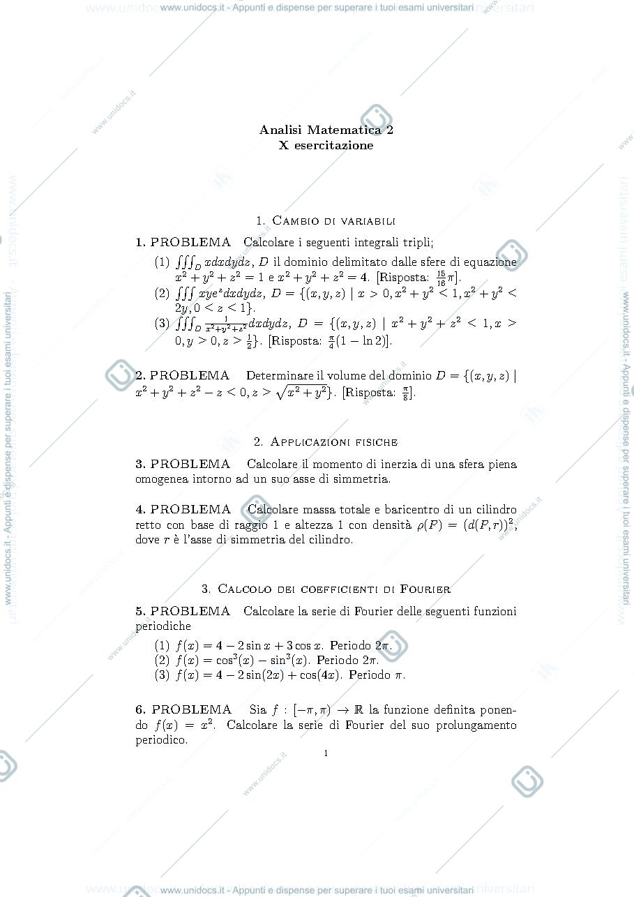 Anteprima pagina 1 — Es.10_Esercizi sui cambi di variabili con risposte e serie di Fourier esercizi prof: Möseneder Frajria Pierluigi