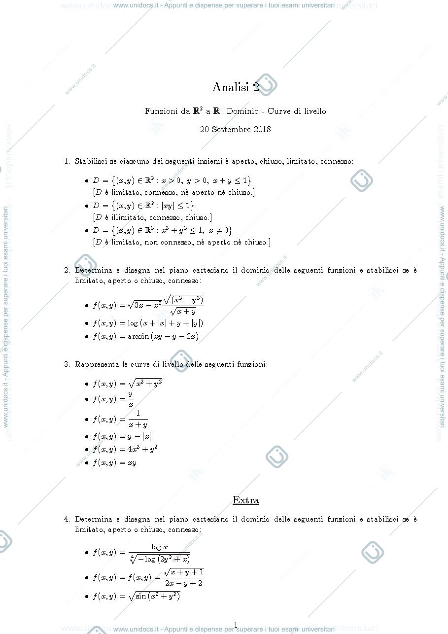 Anteprima pagina 1 — Esercizi su dominio e curve di livello esercizi prof: Möseneder Frajria Pierluigi