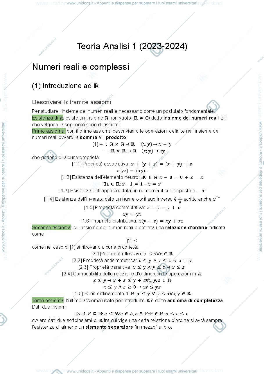 Anteprima pagina 1 — Riassunto Analisi 1 (Biagi)
