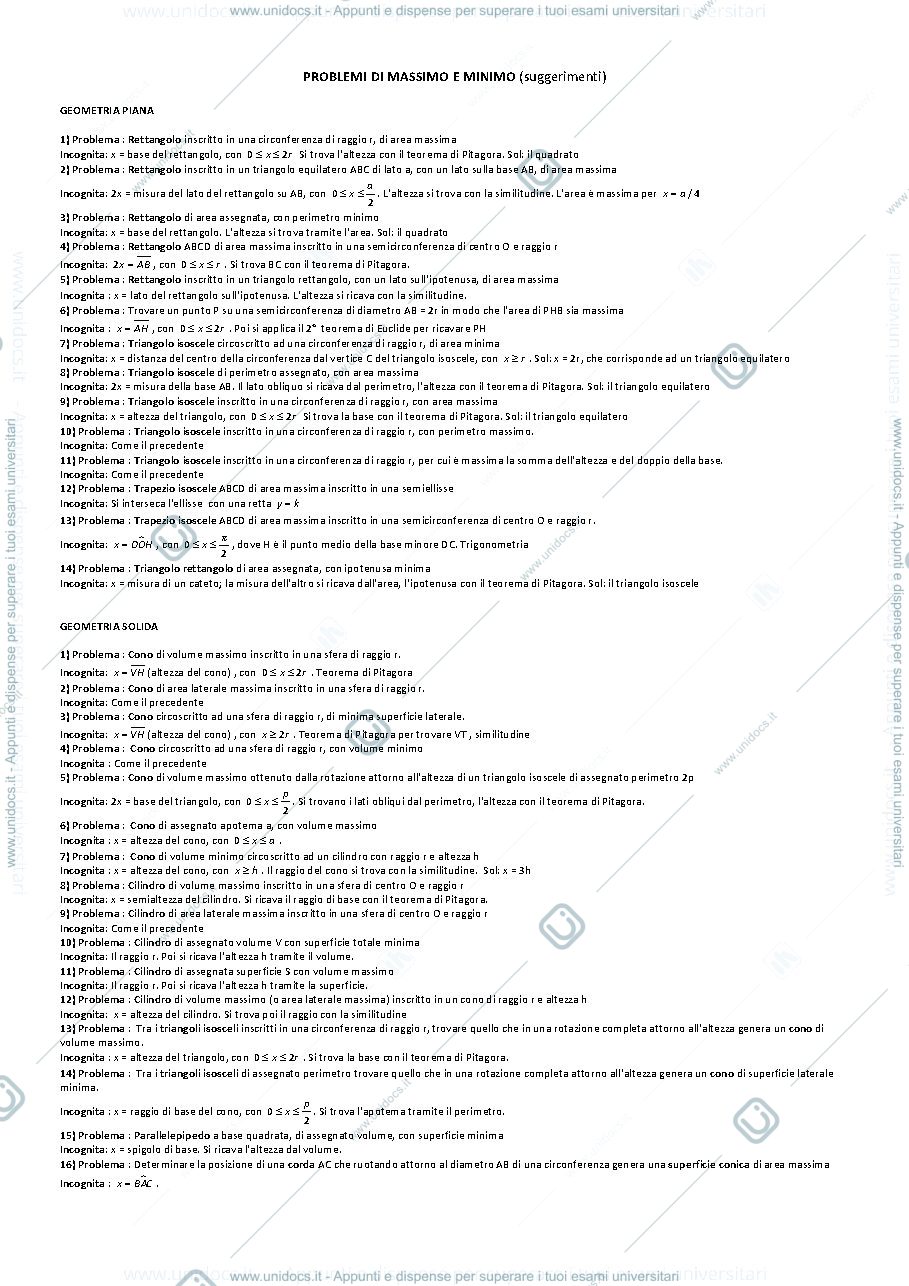 Anteprima pagina 1 — SUGGERIMENTI Problemi di massimo e minimo