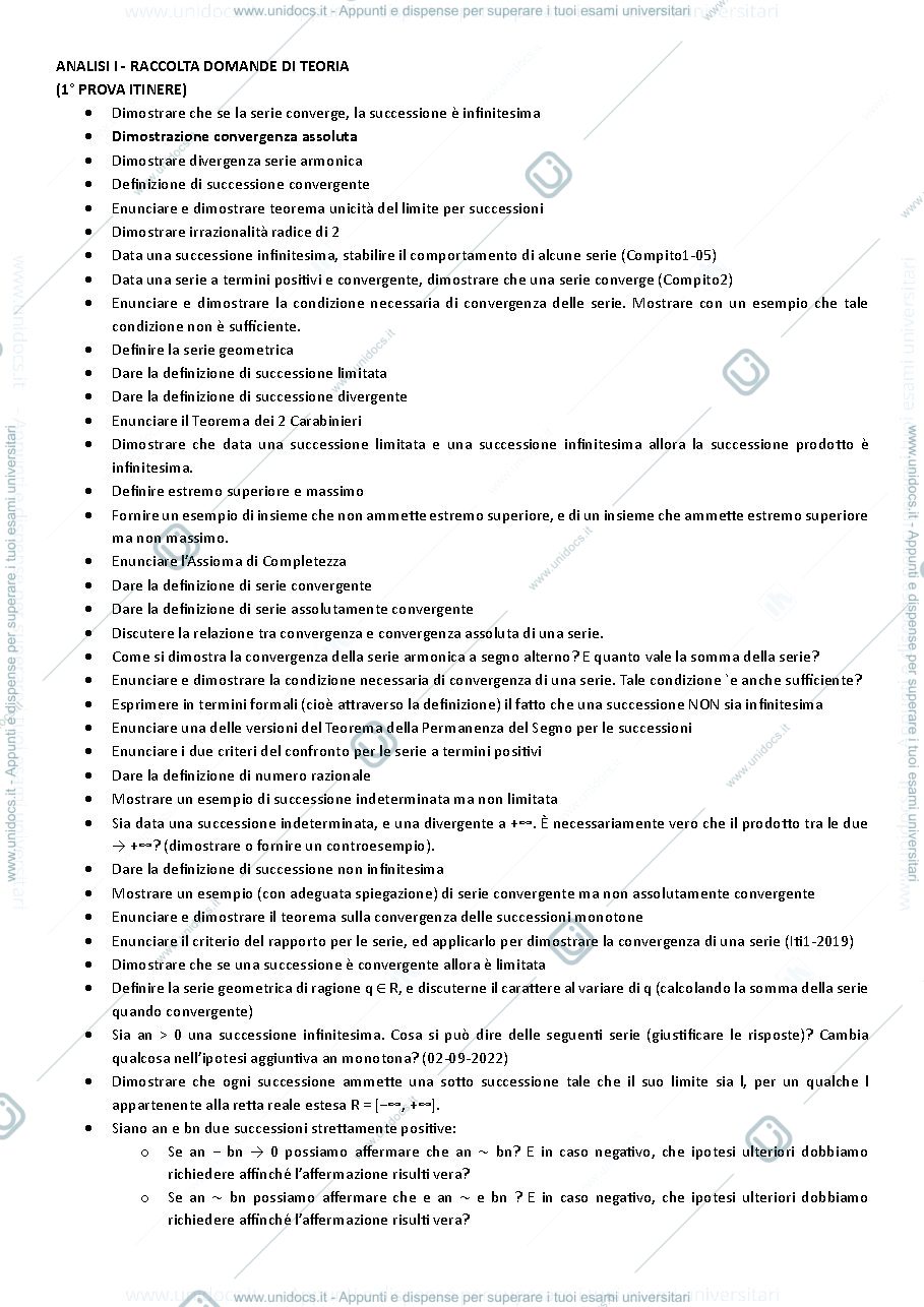 Anteprima pagina 1 — Analisi 1 - Raccolta delle domande di teoria di vecchi temi d'esame
