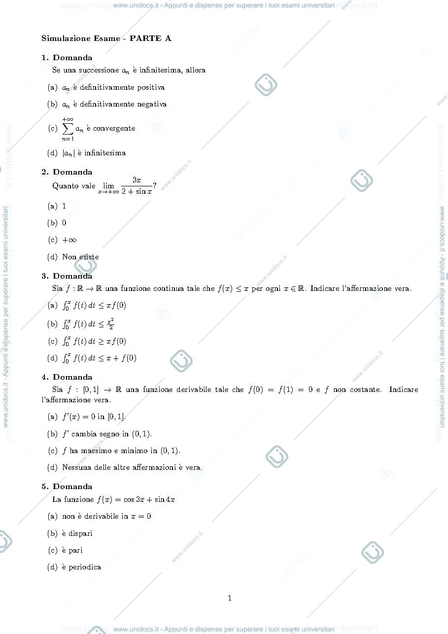 Anteprima pagina 1 — SIMULAZIONE ESAME ANALISI I