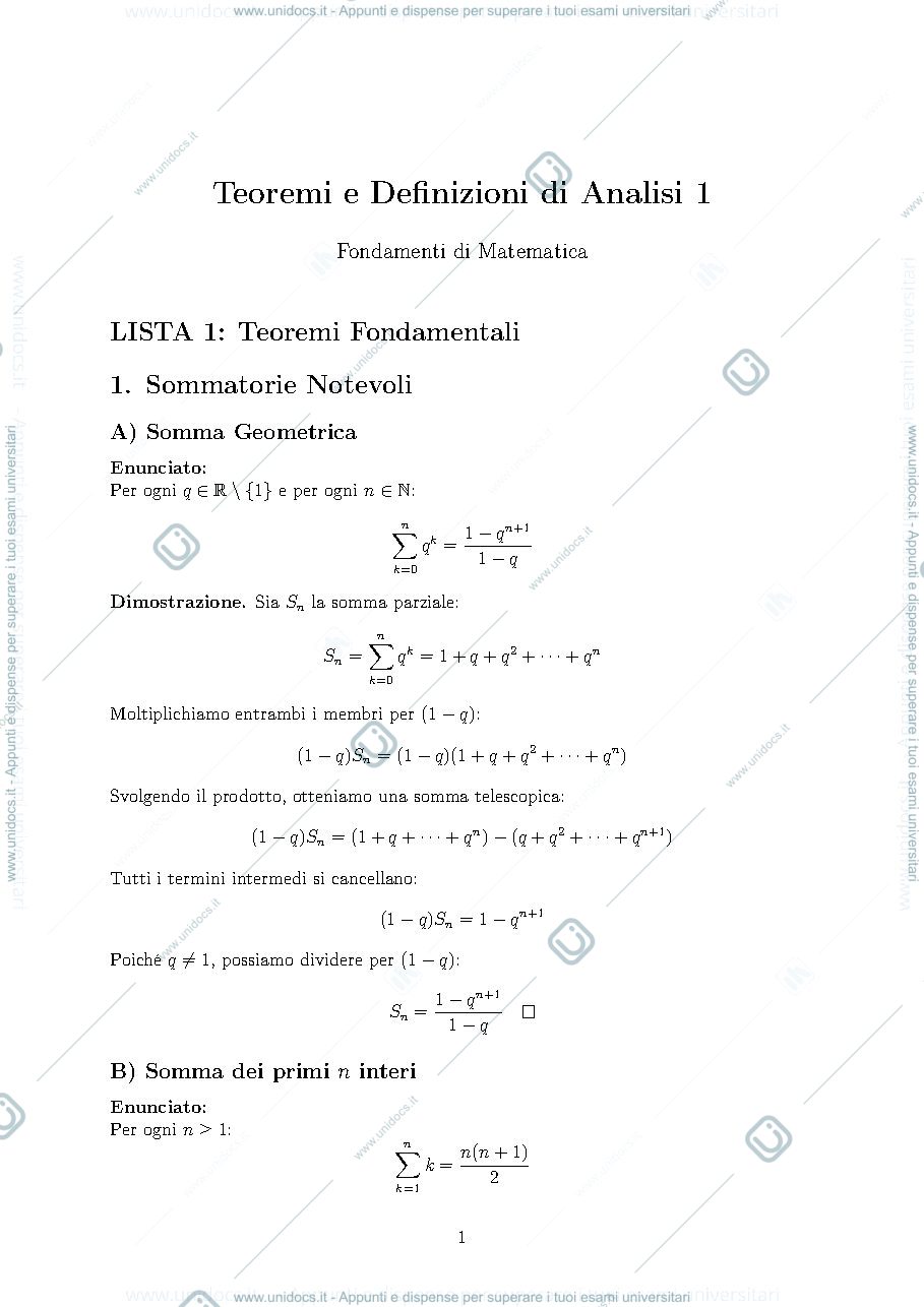 Anteprima pagina 1 — Appunti di Fondamenti di matematica (Analisi 1)