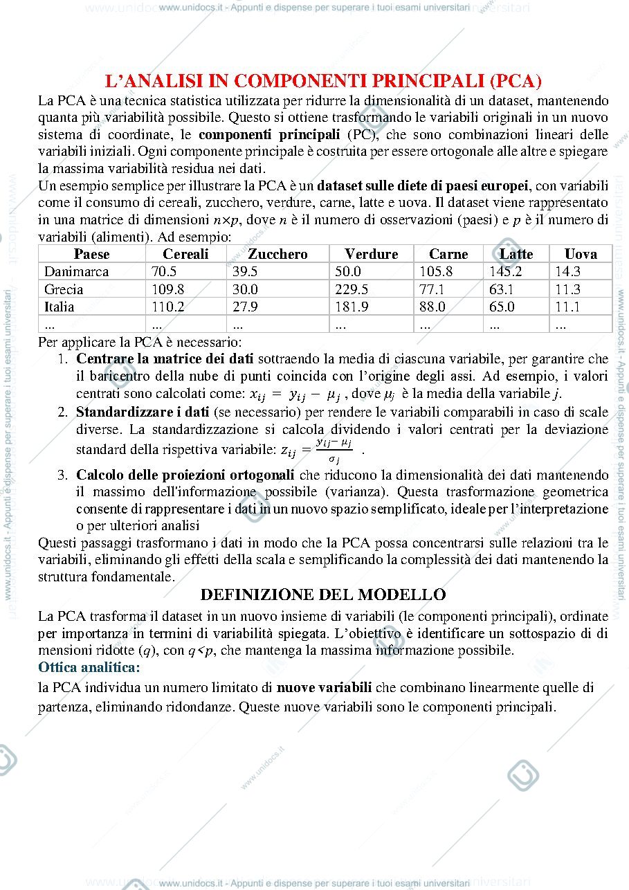 Anteprima pagina 1 — ANALISI DELLE COMPONENTI PRINCIPALI (PCA)