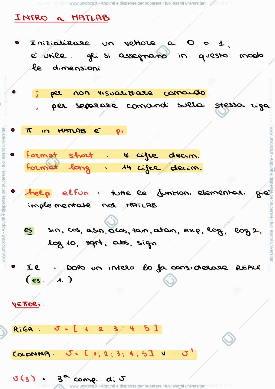 Anteprima pagina 1 — Comandi e Formule Utili di MATLAB