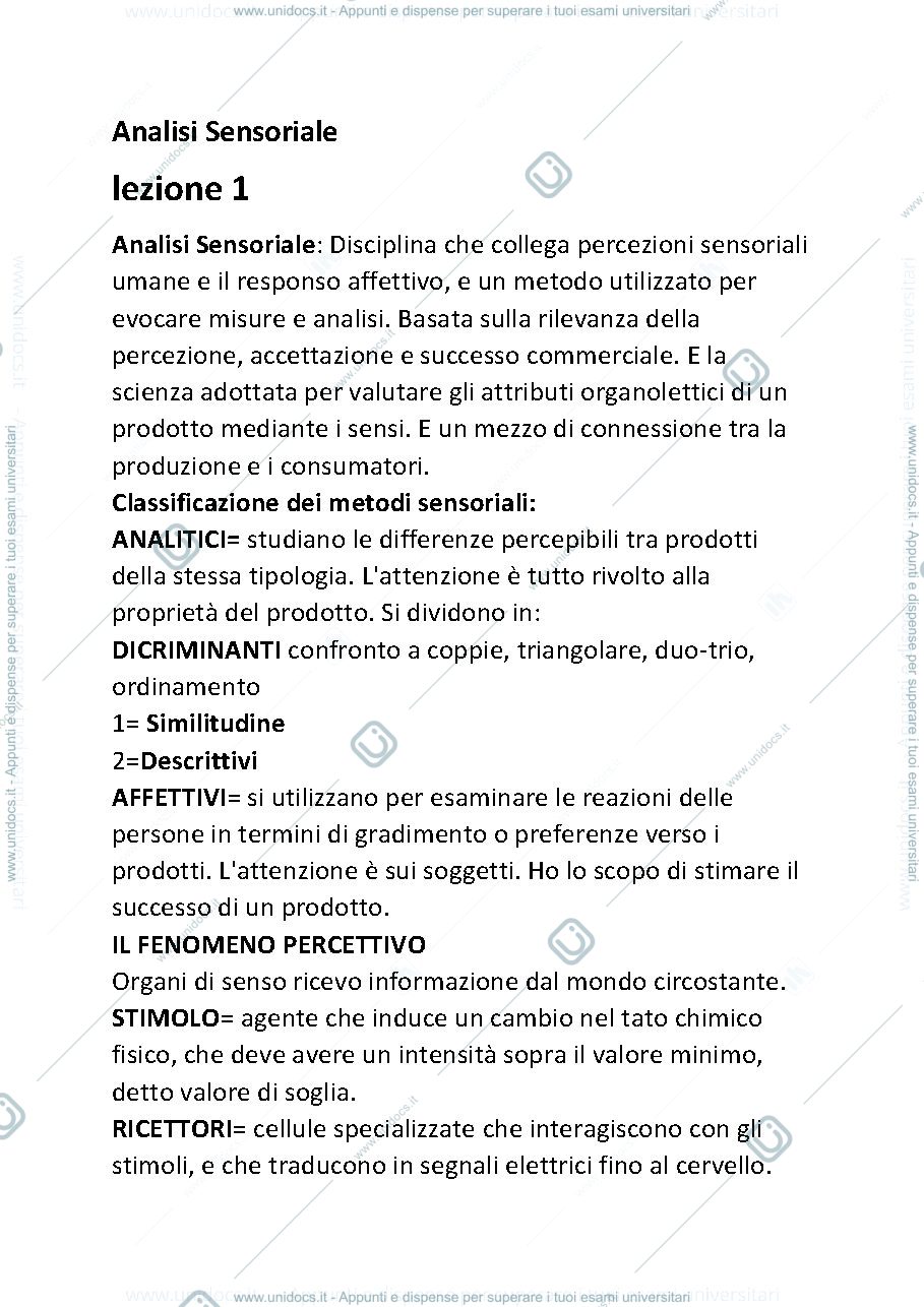 Anteprima pagina 1 — riassunti analisi sensoriale 