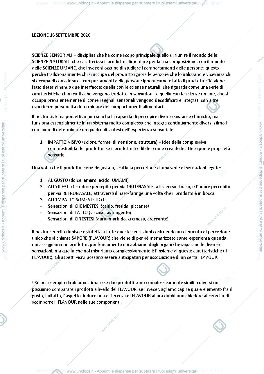 Anteprima pagina 1 — APPUNTI ANALISI SENSORIALE DEGLI ALIMENTI 