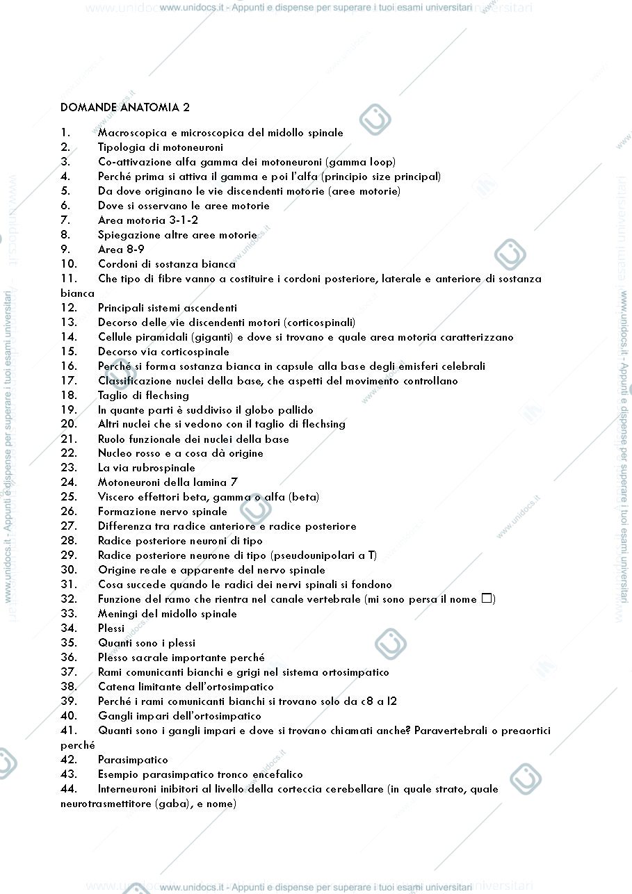 Anteprima pagina 1 — Domande d'esame anatomia 2
