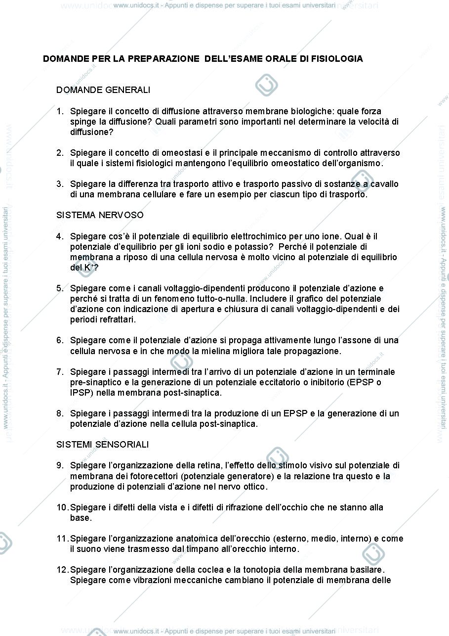 Anteprima pagina 1 — DOMANDE ESAME ORALE FISIOLOGIA DOCENTE BODEGA
