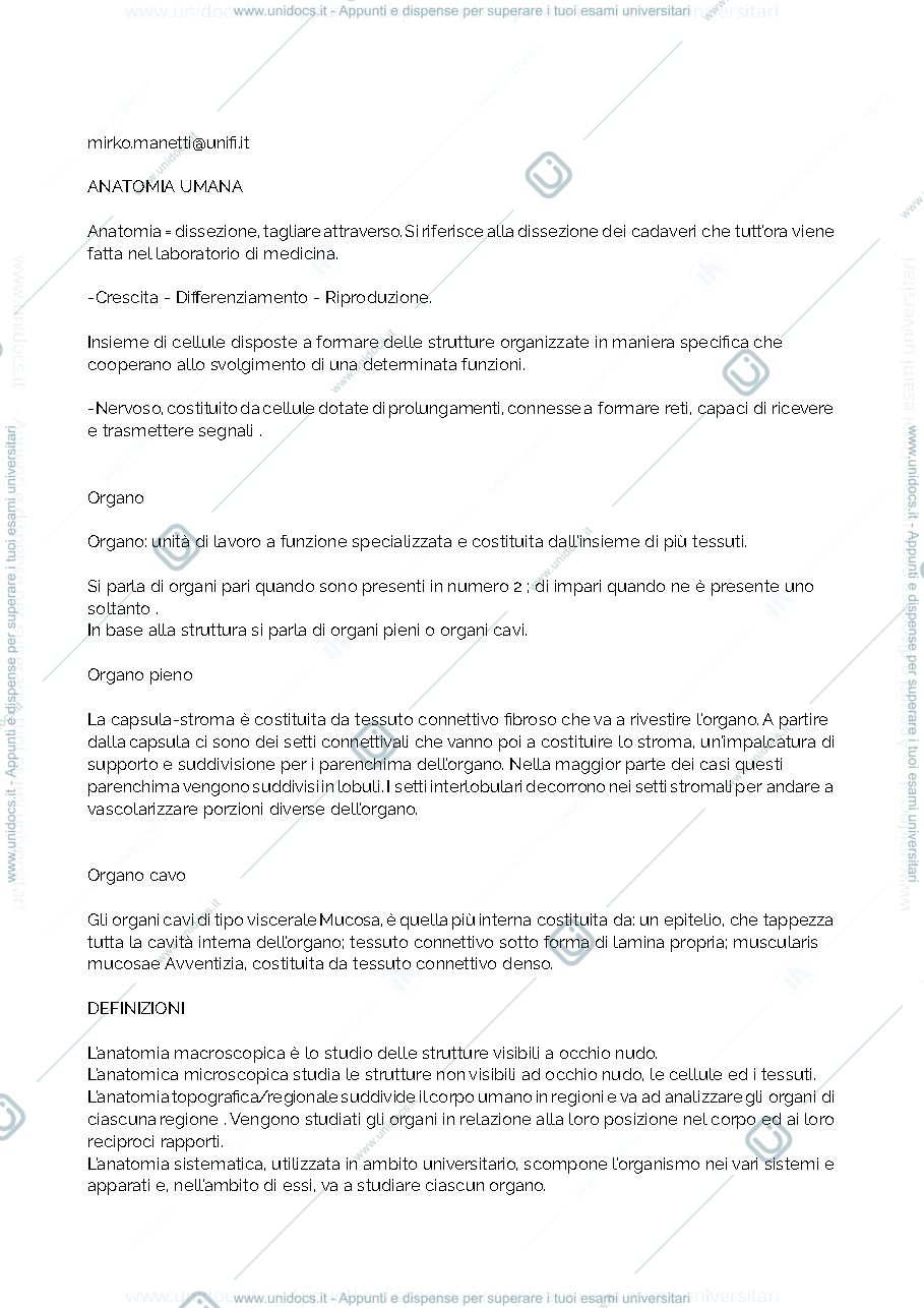Anteprima pagina 1 — Riassunto anatomia 