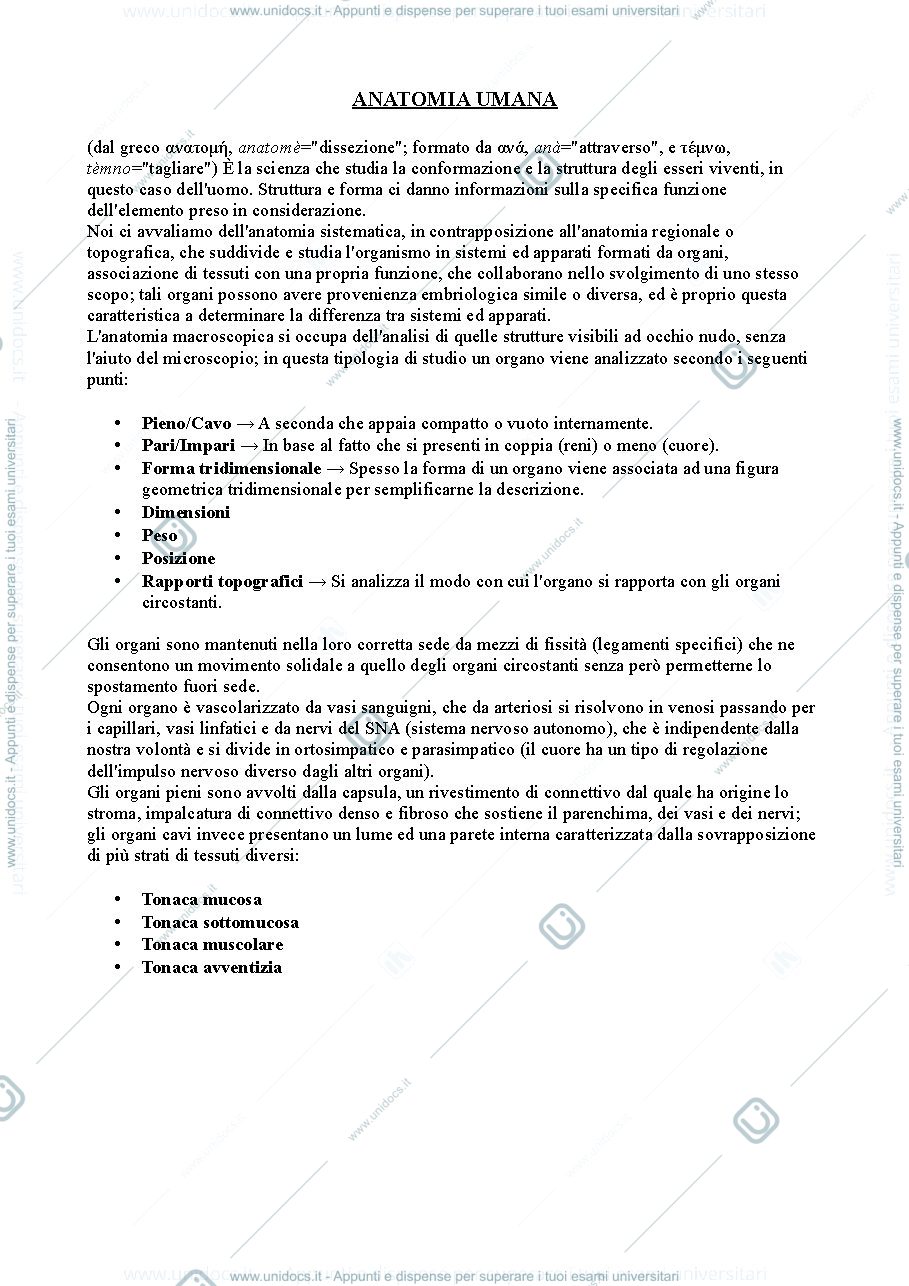Anteprima pagina 1 — Anatomia Umana I anno 