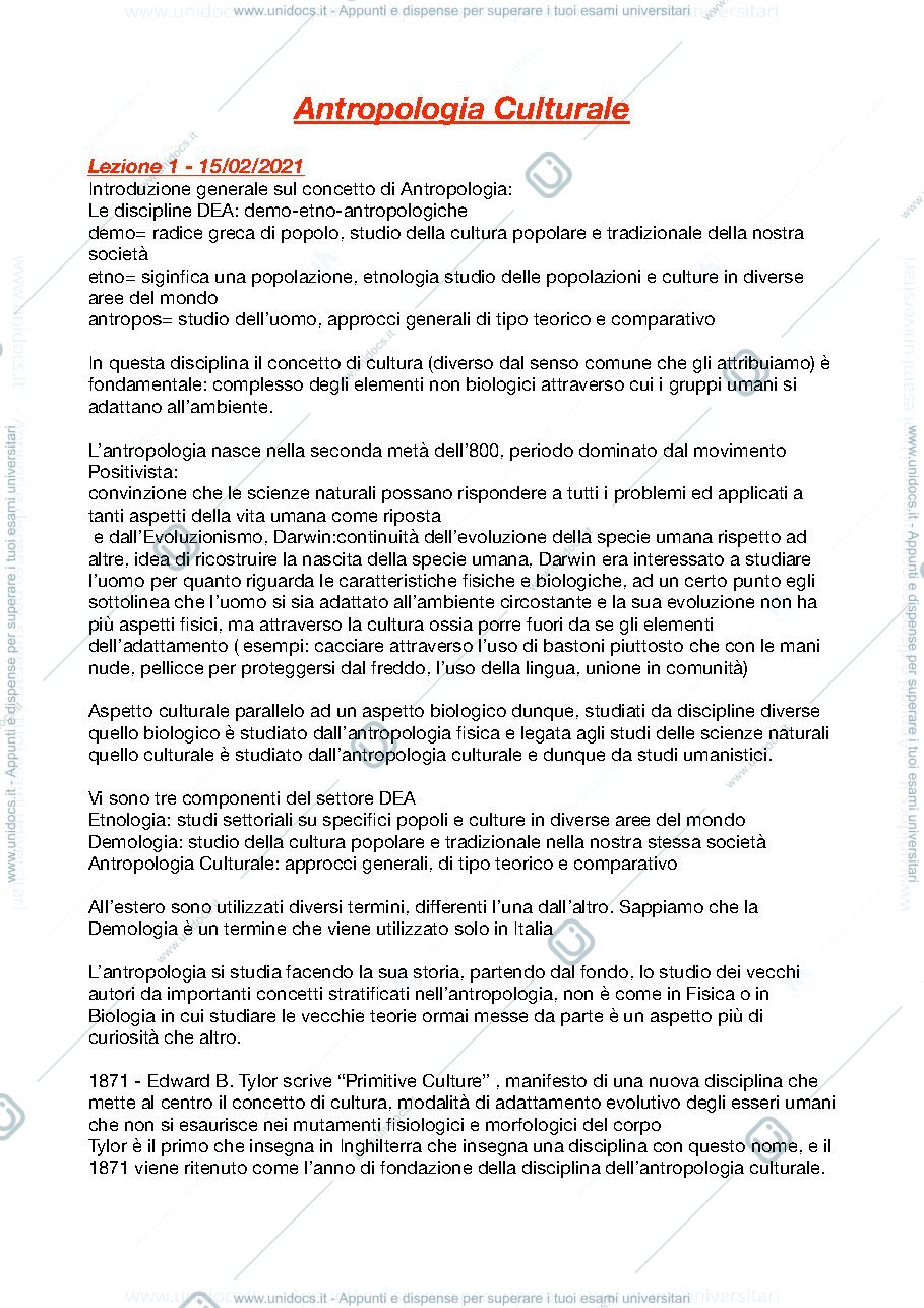 Anteprima pagina 1 — APPUNTI ANTROPOLOGIA CULTURALE DEI