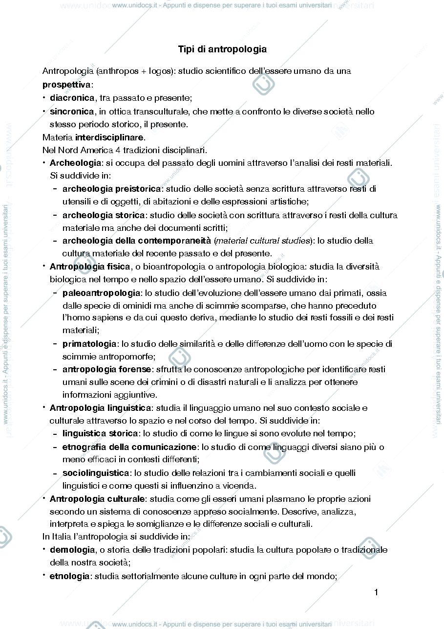 Anteprima pagina 1 — Antropologia online riassunto corso