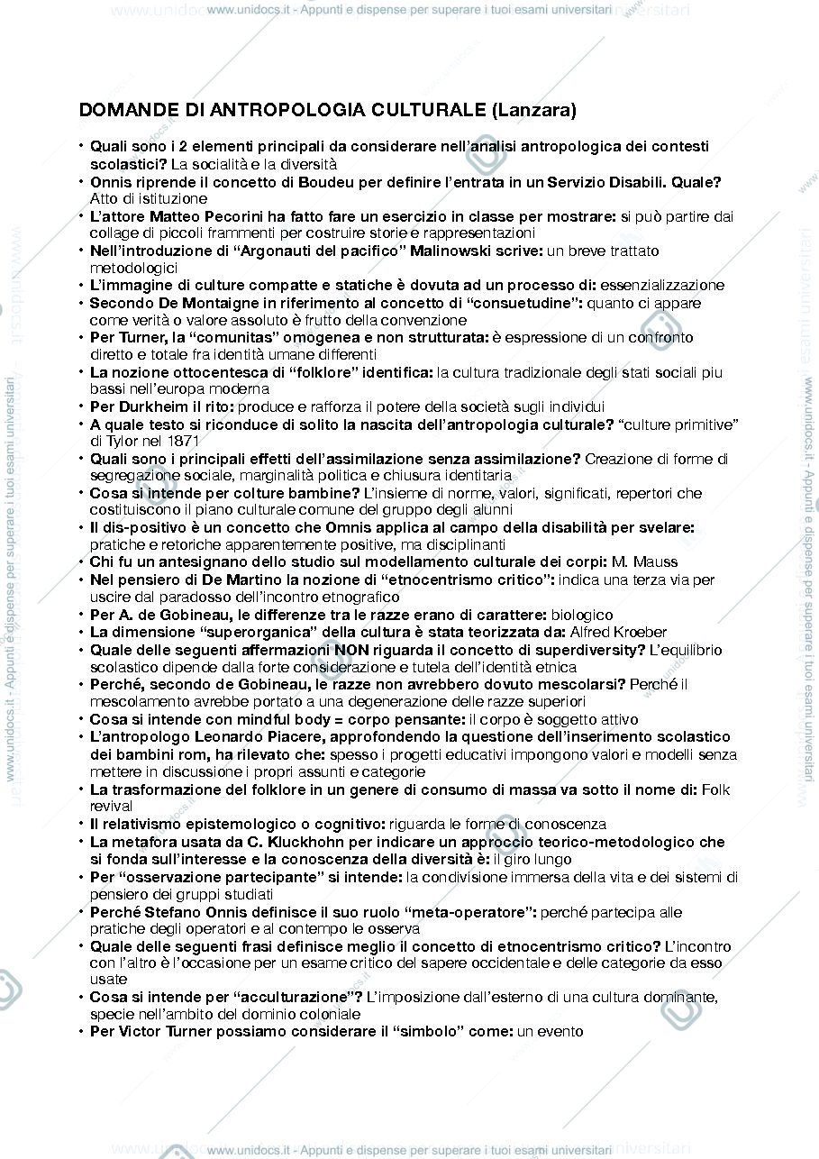Anteprima pagina 1 — Domande esame antropologia culturale