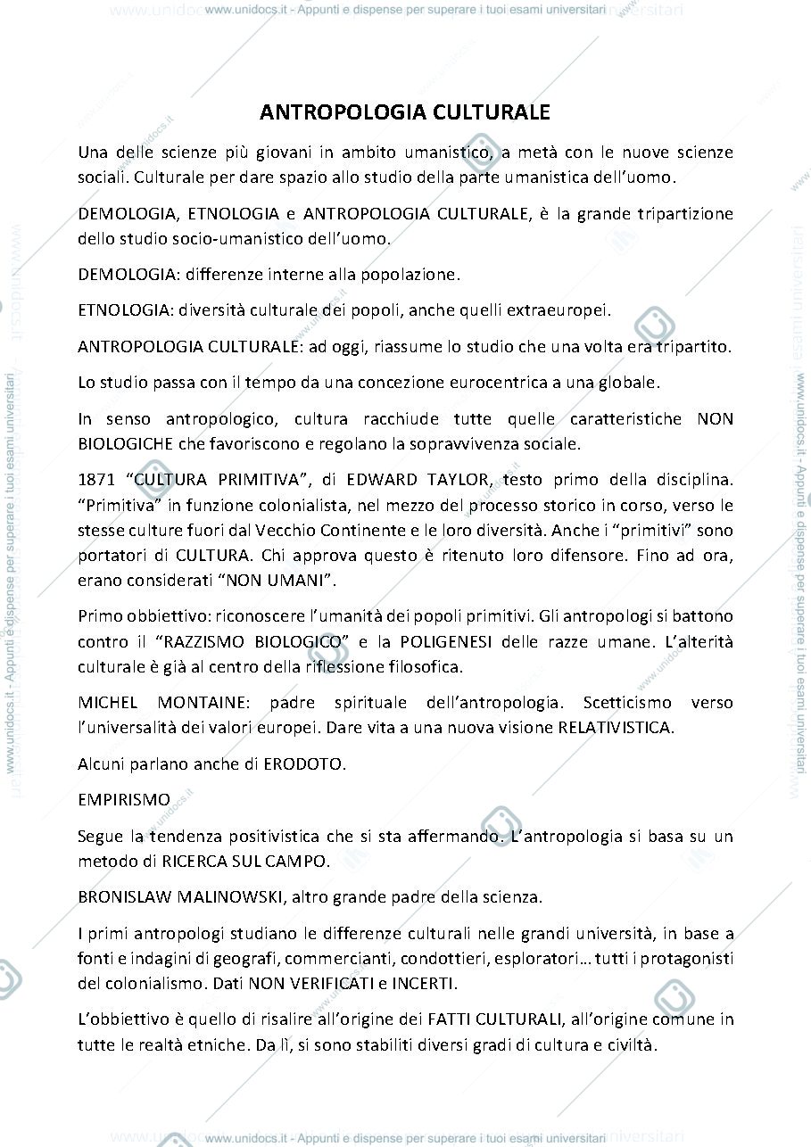 Anteprima pagina 1 — Appunti del corso di antropologia culturale