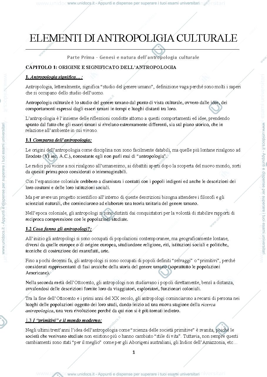 Anteprima pagina 1 — RIASSUNTO "ELEMENTI DI ANTROPOLOGIA CULTURALE"