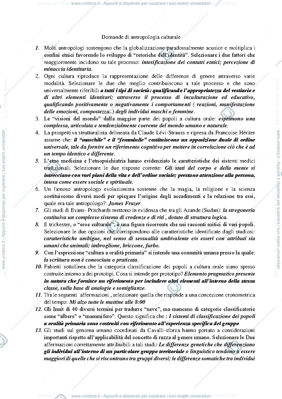 Anteprima pagina 1 — domande di antropologia culturale